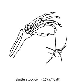 Silhouette of a skeleton hand holding a spider. Vector illustration.