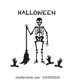 Silhouette Skeleton Holding Broom Halloween Decoration. Written Halloween. Flat Black and White Illustration Isolated on White Background