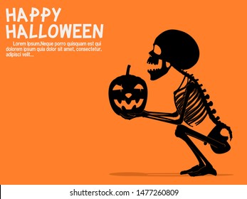 Silhouette skeleton is holding Jack-o'-lantern on transparent background
