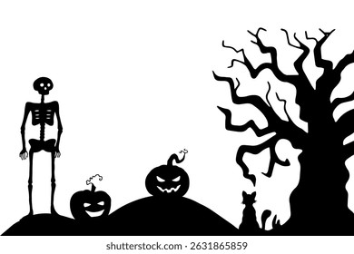 Silhouette of a skeleton on a hill next to pumpkins and a tree with a cat. Halloween horizontal frame. Graphic illustration, doodle. Hand drawn line art. Monochrome stylized black drawing, cartoon.
