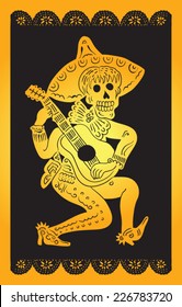 silhouette skeleton in a sombrero with a guitar