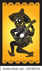 silhouette skeleton in a sombrero with a guitar