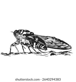 silhouette sketch of a cicada insect with its shadow (Cicadidae) without background