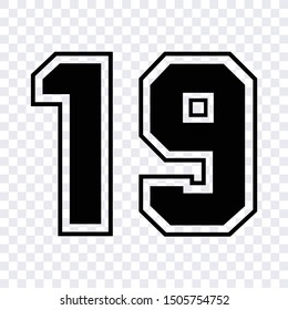 Silhouette sketch cut-out figures or print. jersey athletic sport number 19 template vector isolated. nineteen number black shape 