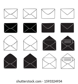 Silhouette and sketch the envelope, set the icon isolated on white background. Vector illustration.