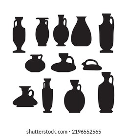 Silhouette sketch et of ceramic vases. Ancient Greek, Roman jar with two handles and a narrow neck. Vintage amphora, trophy, pots, cups black isolated on white background vector illustration graphic