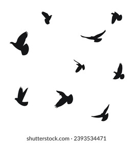 Silhouette sketch of a flock of flying birds, flight in different positions. Hover, soaring, landing, flying, flutter