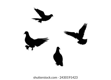 Silhouette sketch of a flock of flying birds, flight in different positions. Hover, soaring, landing, flying, flutter
