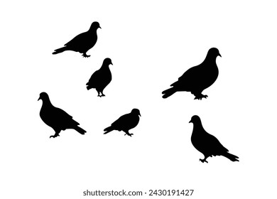 Silhouette sketch of a flock of flying birds, flight in different positions. Hover, soaring, landing, flying, flutter
