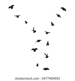 Silhouette sketch of a flock of flying birds, flight in different positions. Takeoff, flying, flight, flutter, hover, soaring, landing 