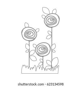 silhouette sketch roses planted with leaves in grass vector illustration