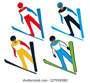 Silhouette of ski jumping. Set different color sportswear. Vector graphics