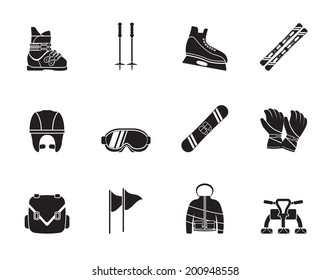 Silhouette ski and snowboard equipment icons - vector icon set