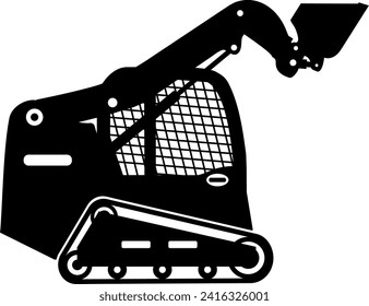 Silhouette of Skid Steer Loader with Bucket and Track Icon in Flat Style. Vector Illustration