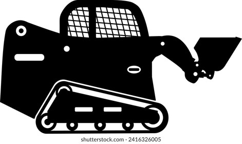 Silhouette of Skid Steer Loader with Bucket and Track Icon in Flat Style. Vector Illustration