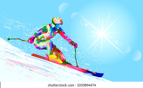 Silhouette of a skier from abstract multicolored geometric shapes against the sky. Sortsmen - skier against the sky and the sun. 