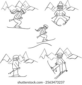 Silhouette of a Skier  Action in mountains composition set vector graphic line illustration. Capturing the Excitement and Energy of Winter Sports. Perfect for Action and Winter-themed Designs.
