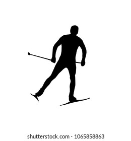 Silhouette Skier athlete isolated icon. Winter sport games discipline. Black and white design vector illustration. Web pictogram icon symbol for infographics on white background