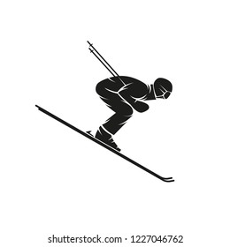 Silhouette Of A Skier Downhill On The Ski Down A Steep Hill, Extreme Slalom Winter Sport Logo, T-shirt Print Emblem Mockup