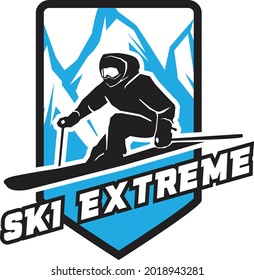 Silhouette de un esquiador cuesta abajo en la pista bajando una empinada colina, el logo del deporte de invierno de slalom extremo.