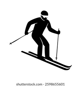 Silhouette of skier gliding downhill, holding poles