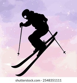 Silhouette of a Skier Jumping in Action in Mid-air Against a Pastel Sky, Capturing the Excitement and Energy of Winter Sports and Outdoor Adventure. Perfect for Action and Winter-themed Designs.