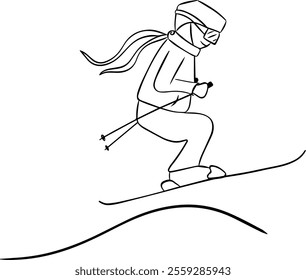 Silhouette of a Skier Jumping in Action vector graphic line illustration composition. Capturing the Excitement and Energy of Winter Sports. Perfect for Action and Winter-themed Designs.
