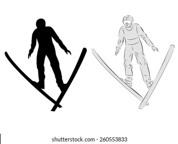 silhouette skier jumps on skis, white and black vector on white background