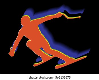 Silhouette of skier, racer, color drawing, black background