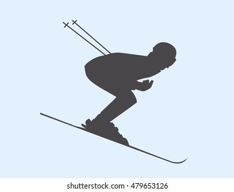 Silhouette of skier speeding down slope. Vector winter sport illustration.