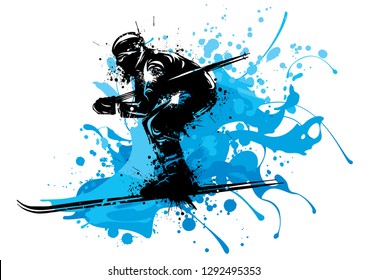 Silhouette of a skier whit snow. Vector illustration