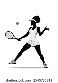 A silhouette of a skilled female tennis player hitting a ball, showcasing her athleticism and grace