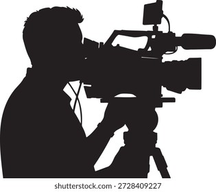 Silueta de un Camarógrafo experto que opera una cámara de transmisión profesional en un trípode que captura momentos con enfoque y precisión