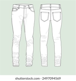 Silhouette Skinny-leg denim jeans, illustration, vector, skinny jeans, denim, indigo jeans, sketch, casual, front-back view