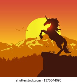 Silhouette of a skittish unicorn at sunset, vector illustration