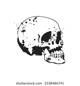 Silhouette of Skull. Cute Scull Simple Black Grunge Cartoon Silhouette on White Background. Vector Monochrome Trendy Illustration
