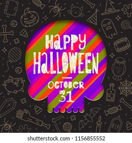 Silhouette of a skull cutout in paper on a background with linear halloween signs and symbols. Vector illustration,