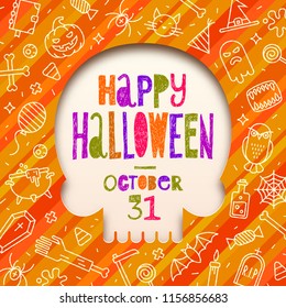 Silhouette of a skull cutout in paper on a background with linear halloween signs and symbols. Vector illustration,