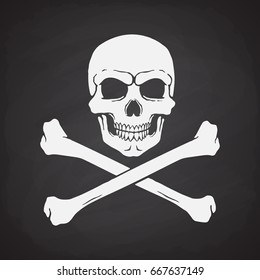 Silhouette of skull Jolly Roger with crossbones at the bottom on blackboard background. Vector illustration. Danger and warning sign. Symbol on the flag of pirates