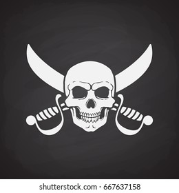 Silhouette of skull Jolly Roger with crossed sabers at the behind on blackboard background. Vector illustration. Danger and warning sign. Symbol on the flag of pirates