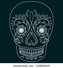 Silhouette of a skull on a dark background for design on the theme of Day of the Dead. Vector illustration for a traditional Mexican holiday.