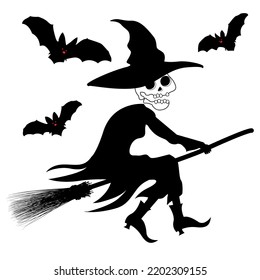 Silhouette Skull Witch flying on broomstick with bats. Halloween Signs Symbols Vector Illustration.