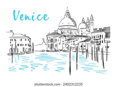 Silhouette of the skyline and architecture of Venice with a gondola on the water. Vector hand drawn illustration