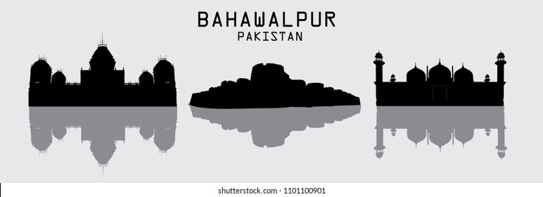 Silhouette of skyline of Bahawalpur Pakistan including Noor Mahal , Derawar Fort and Mosque svg