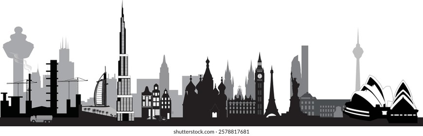 Silhouette skyline featuring iconic landmarks including Burj Khalifa, Eiffel Tower, and others in black and white. Highlights architectural skyline with architecture from around the globe