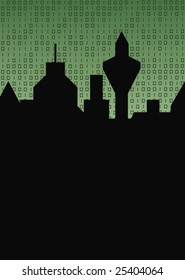 silhouette of a skyline in front of a green gradient background with binary coder