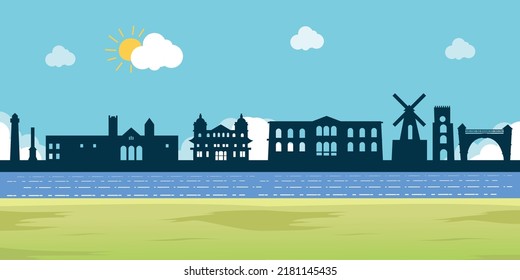 Silhouette skyline with green grass and lake illustration 