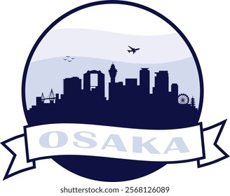 Silhouette skyline outline round logo of city Osaka in the country of Japan within circle graphic and banner scroll with text. Buildings with blue sky background and airplane with birds vector design.