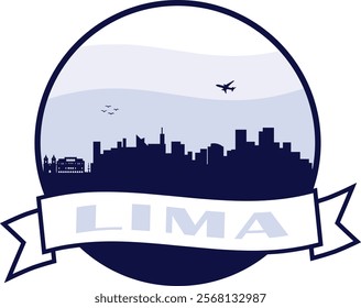 Silhouette skyline outline round logo of city Lima in the country of Peru within circle graphic and banner scroll with text. Buildings with blue sky background and airplane with birds vector design.