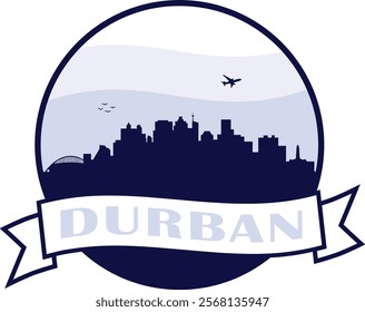 Silhouette skyline outline round logo of city Durban in South Africa within circle graphic and banner scroll with text. Buildings with blue sky background and airplane with birds vector design.